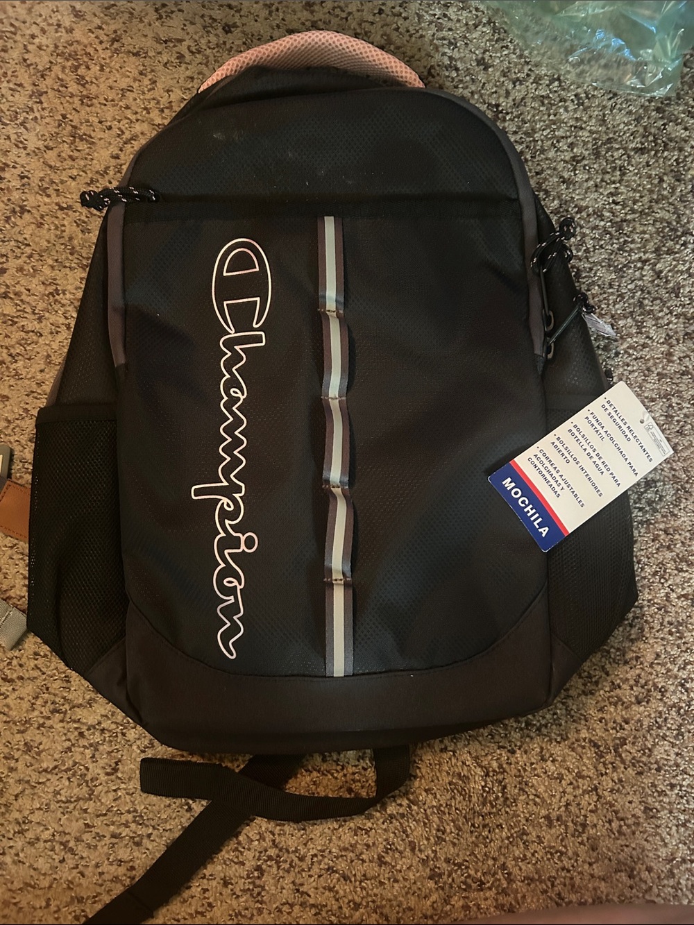 Champion Black Backpack with Pink Trim and White Logo